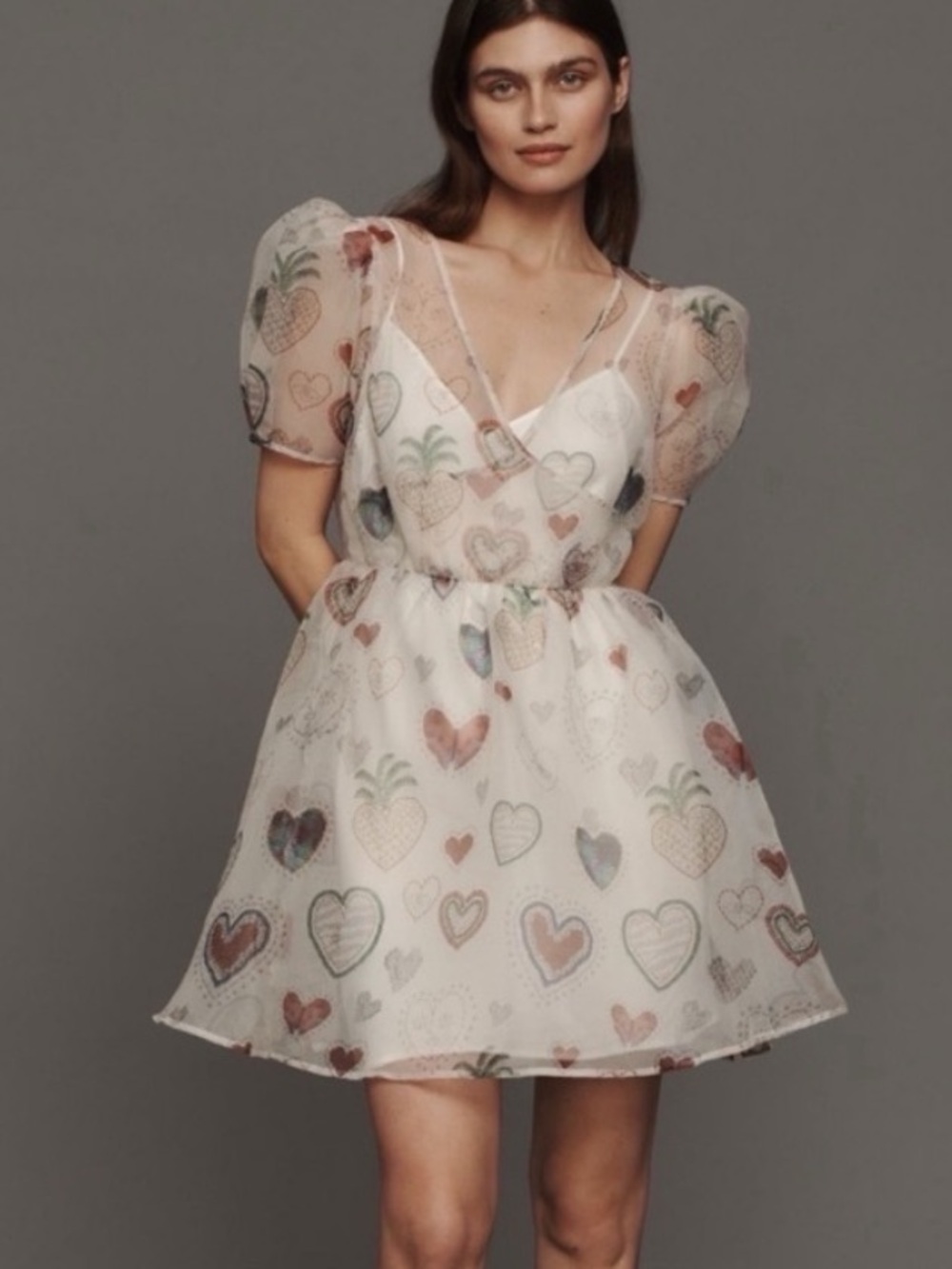 NWT Farm Rio Organza Puff-Sleeve Hearts Eye print Dress, size L - Picture 3 of 15